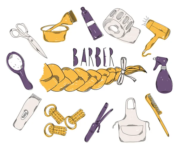 Ilustración colorida para niños con un lápiz. La colección de iconos lineales dibujados a mano. Iconos Herramientas de barbero. La industria de la belleza. Vector — Archivo Imágenes Vectoriales