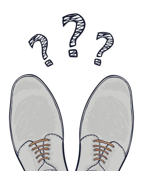 Concept d'entreprise pour faire une sélection. Pieds dans les chaussures masculines sur la route. Beaucoup de questions. Vecteur — Image vectorielle