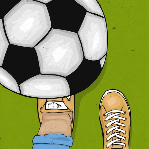 Le joueur lance et met le pied sur le ballon. L'affiche sportive. Vecteur — Image vectorielle