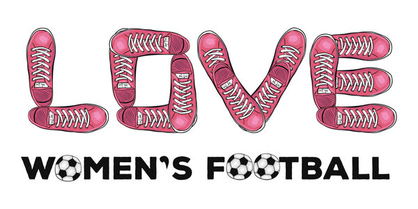 Слова любви к женскому футболу. Спортивный плакат с кроссовками. Вектор
