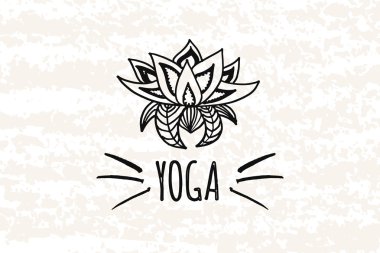 Logo el şeklinde çizilmiş. Dekoratif kutu yoga el çizilmiş elemanları. Baskı ve mağazalarda üretim için etiket, rozet veya kart. Vektör
