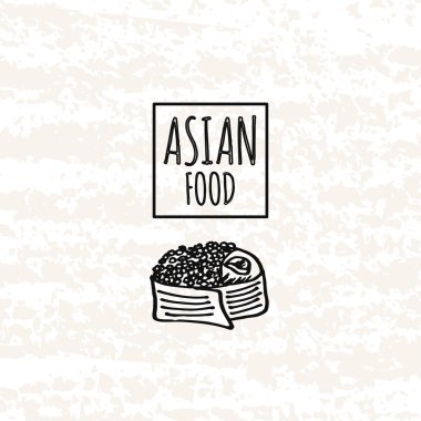 Logo el şeklinde çizilmiş. Eller dekoratif bir kutu, Asya gıda çizilmiş elemanları. Baskı ve mağazalarda üretim için etiket, rozet veya kart. Vektör