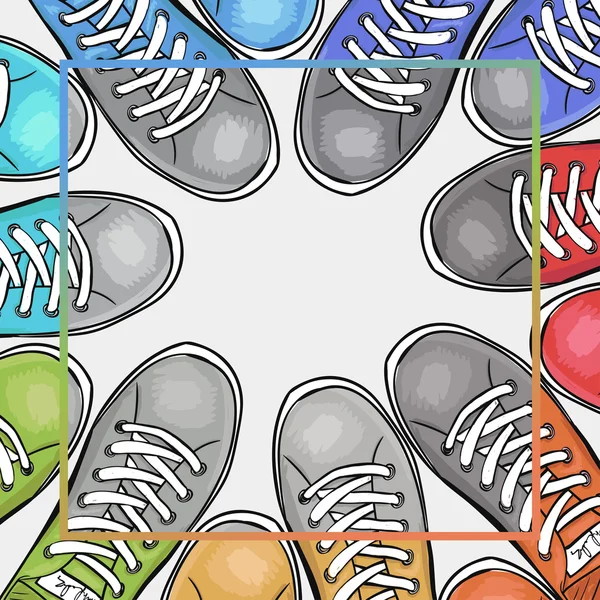 Cartel colorido con zapatos deportivos con lugar para el filtro de texto en blanco y negro. Zapatos deportivos publicitarios. Vector — Archivo Imágenes Vectoriales