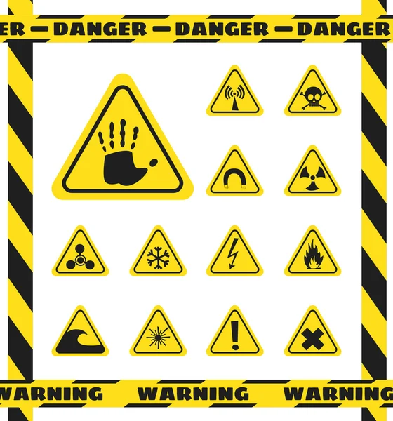 Sarı üçgenlerde insan, radyasyon, radyasyon ve patlayıcılar üzerindeki kimyasal etkilerin belirtileri. Dikkat. Vektör — Stok Vektör