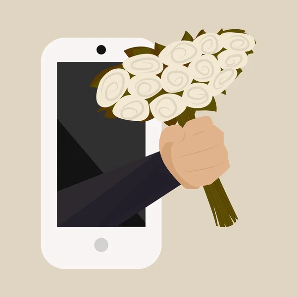 Un ramo de rosas blancas con una mano del teléfono. Saludos navideños. Vector — Vector de stock