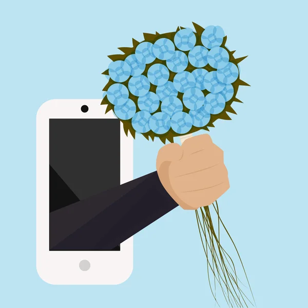Kytice květin s rukou z telefonu. Sváteční pozdravy. Vektorové — Stockový vektor
