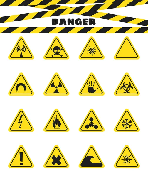 Signalering van het gevaar door explosieven en ontvlambare vloeistoffen, de aanwezigheid van magnetisch veld en straling. Gevaarlijke. Vector — Stockvector