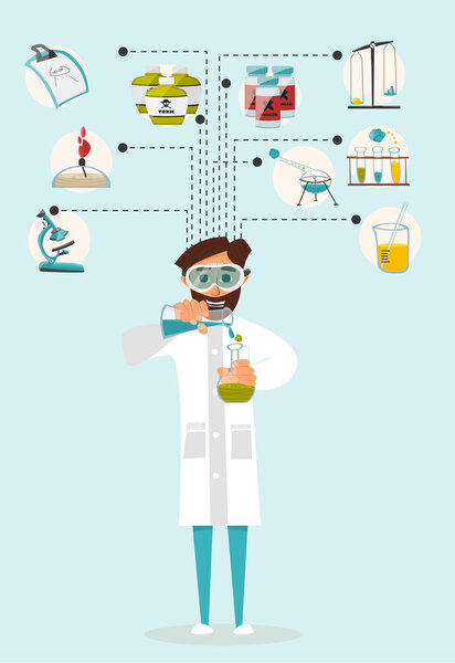 Исследователь исследовательской лаборатории с реагентами в руках. Вектор
