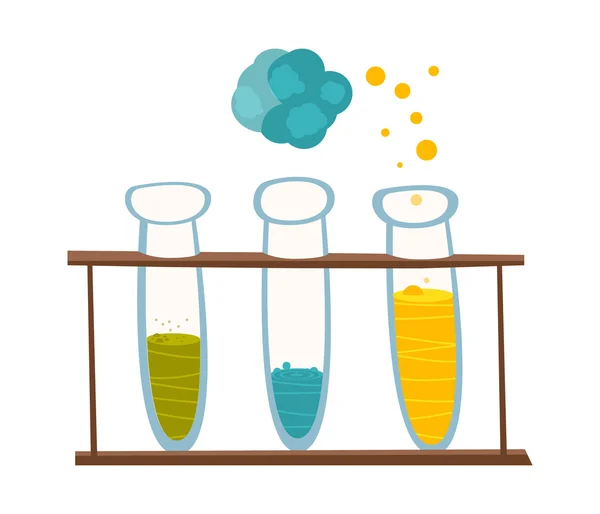 Instrumentos y equipos químicos. Vasos con reactivos para experimentos en el estilo de la caricatura. Vector — Archivo Imágenes Vectoriales