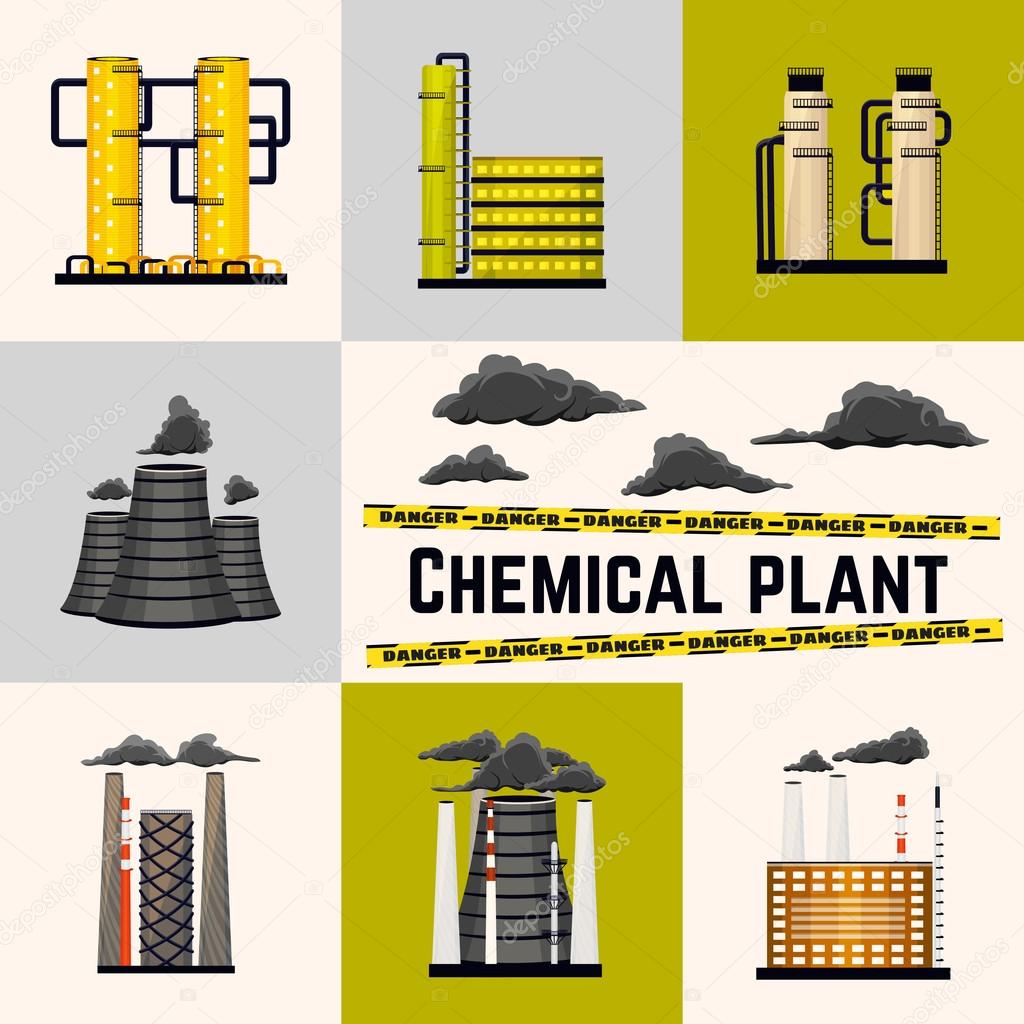Set of industrial buildings producing energy for humans. Nuclear and power plants. Chemical manufacturing. Vector