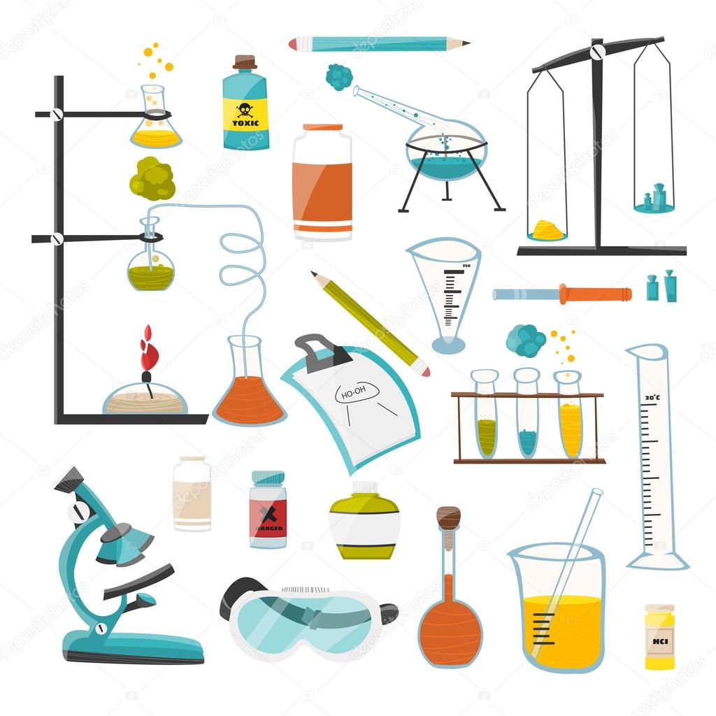 A large set of devices and equipment for chemical, scientific and research experiments. Vector