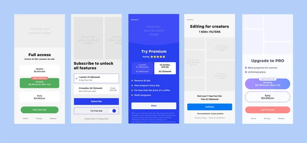 Conceito de tabela de preços. Preços ou plano de assinatura ui elementos de aplicativos móveis. Modelo de interface de marketing ou promoção de aplicativos móveis. Tabela de comparação de produtos. Gráficos De Vetores