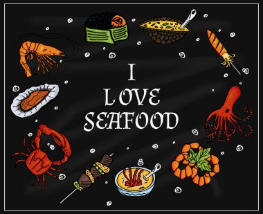 I love seafood on the blackboard with chalk. Isolated set of sea products and delicatessen, food gourmet