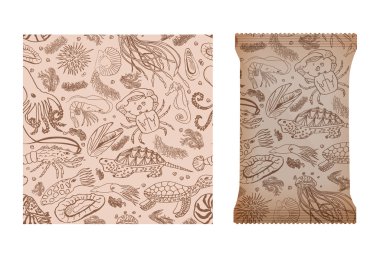 Marine seamless pattern for design of packages or other objects. Design with seafood and marine animals. Vector . mock up