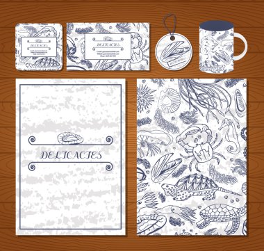 Set design for restaurant or cafe seafood menu, business card, label, mug and Bierdeckel. Vector 