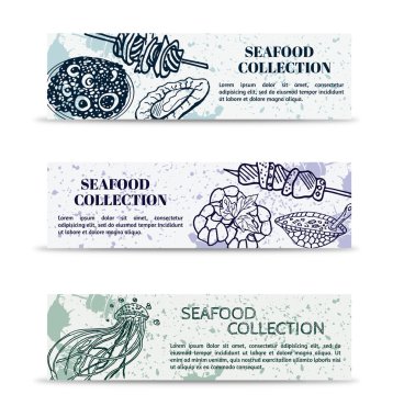 Vintage set of banners marine collection of seafood: mussels, clams, turtle soup, kebab, shrimp with herbs and sea jellyfish