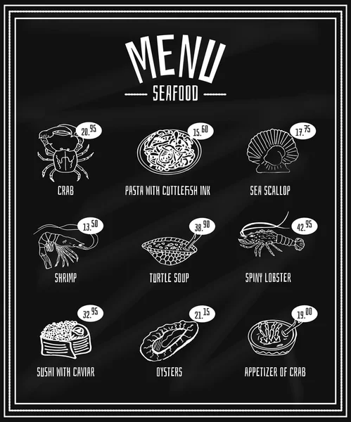 Menú retro de mariscos y manjares en la pizarra, cangrejo, vieiras, ostras, sopa de tortuga, pasta, sushi, camarones, langosta, sopa, aperitivo — Archivo Imágenes Vectoriales