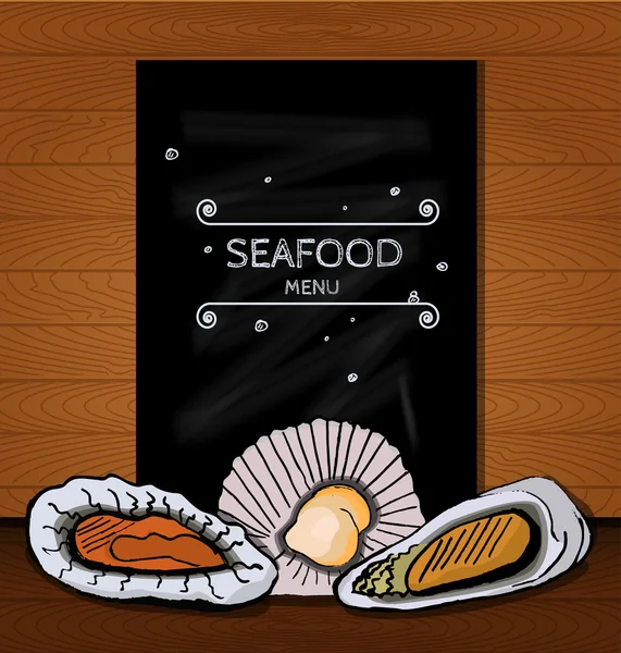 Menus de frutos do mar em um quadro-negro escrito em giz para bar, café, restaurante ou pub — Vetor de Stock