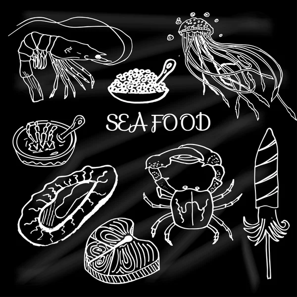 Set of seafood and delicacies drawn on the school Board fish, salmon, crab, shrimp, mussels, jellyfish, eggs, porridge, oysters — Stock Vector