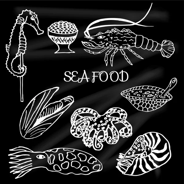 Set di frutti di mare e prelibatezze aragosta, zuppa di tartarughe, ostriche, cavalluccio marino, Nautilus, caviale, polpo, seppie — Vettoriale Stock