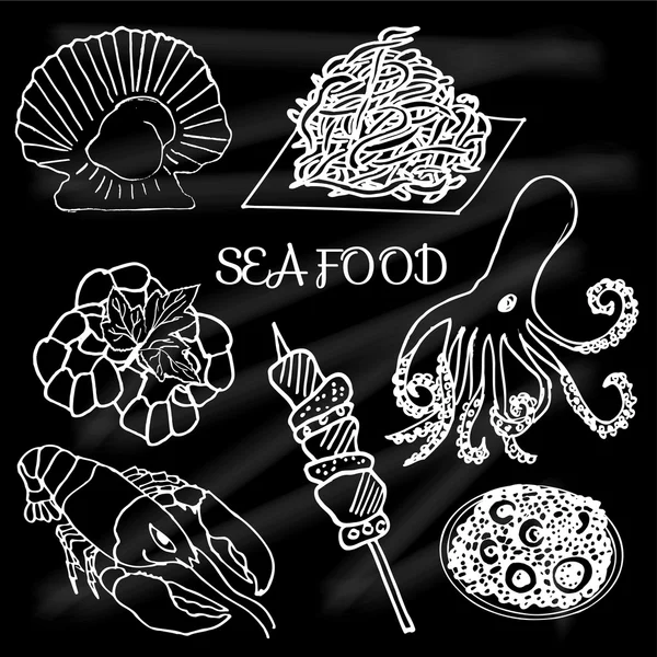 Set of seafood and delicacies shrimp, octopus, risotto, lobster, kebabs, scallops, squid, snack — 스톡 벡터