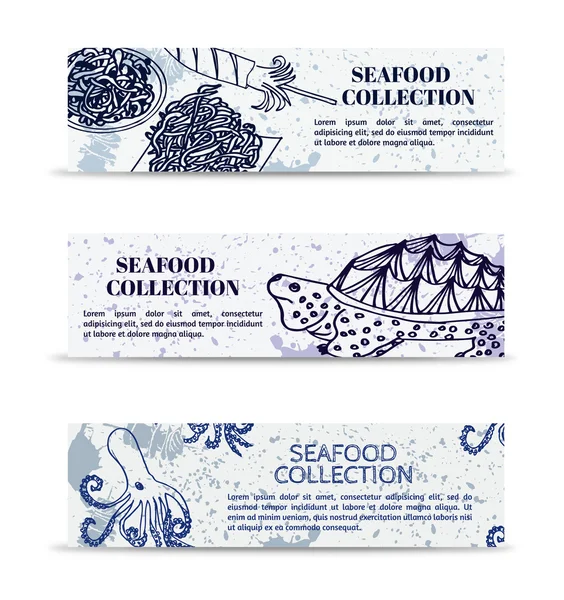 Vintage set of banners marine collection seafood: turtle, octopus and squid — Stock Vector