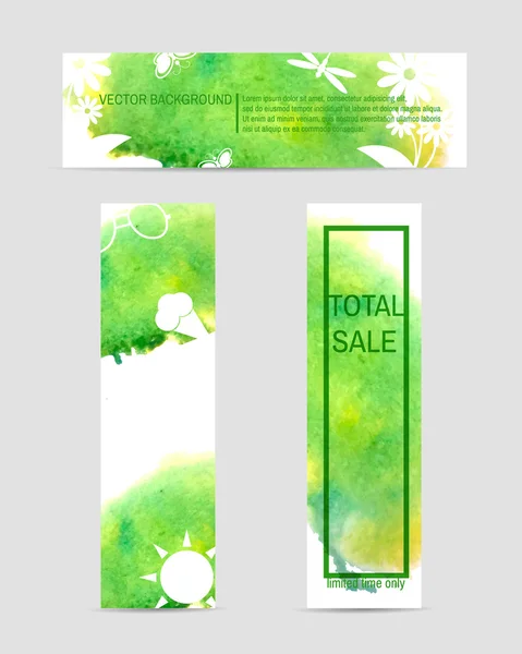 Set of colorful web elements. 3 summer eco watercolor banner — Stock Vector