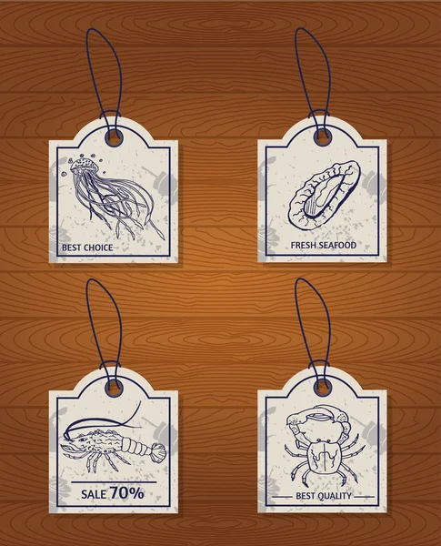 Conjunto de 4 elementos de diseño mariscos: medusas, langosta, cangrejo y ostra — Archivo Imágenes Vectoriales