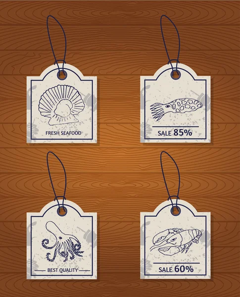 set of 4 vintage design elements seafood: lobster, oyster, scallop, cuttlefish and octopus
