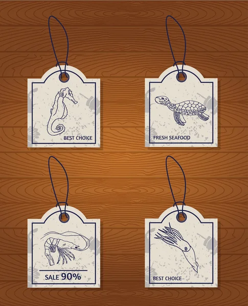 Набор из 4 старинных элементов дизайна морепродуктов: морской конь, черепаха, кальмары и креветки — стоковый вектор