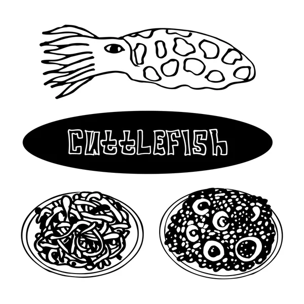 A set of sea delicacies from cuttlefish. risotto and pasta with cuttlefish — Stock Vector