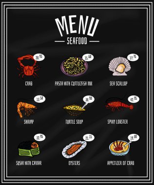 Colorful menu of seafood and delicacies on the blackboard, crab, scallops, oysters, turtle soup, pasta, sushi, shrimp, lobster, soup, appetizer