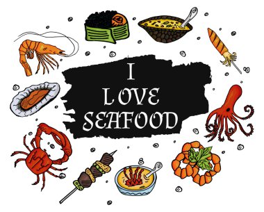 I love seafood on a pure white background. Isolated set of sea products and delicatessen, food gourmet