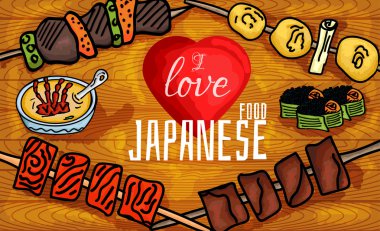 Vector illustration of  I love Japanese food. A set of traditional Japanese fast food on a wooden texture.