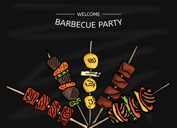 Colorida ilustración vectorial de una fiesta de barbacoa en la pizarra — Vector de stock