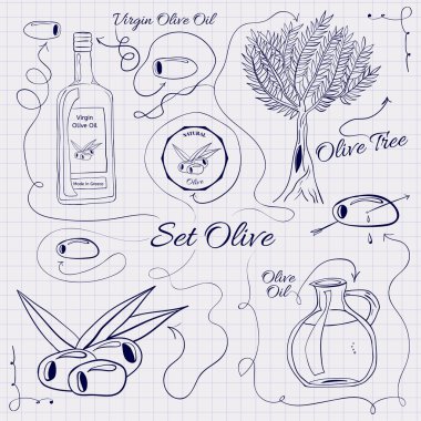 A large collection of stand-alone sketch olives for design on a sheet of paper into the cage.  illustration