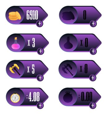 Game UI. Icons with a choice of various parameters of time, money, weapons and elixir design for mobile and browser-based online applications and games.  clipart