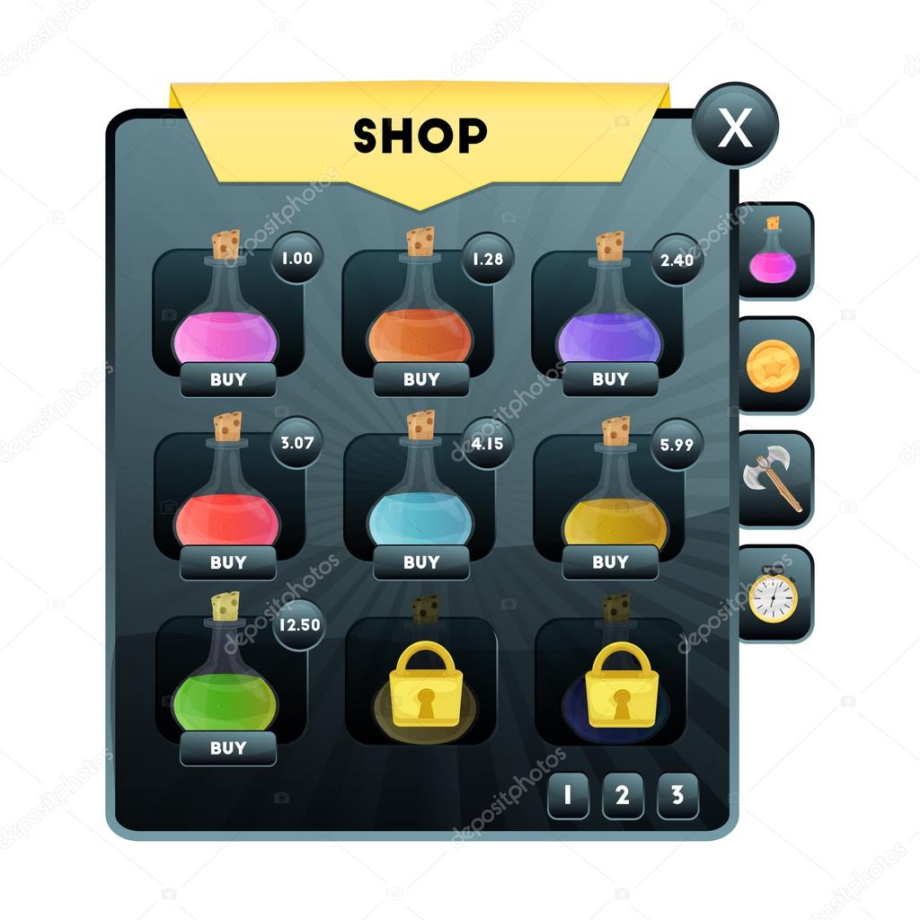 Game UI. Store screen with the choice of subjects for the health, drug, elixir and infusions for the design of mobile and browser-based online applications and games. Vector illustration