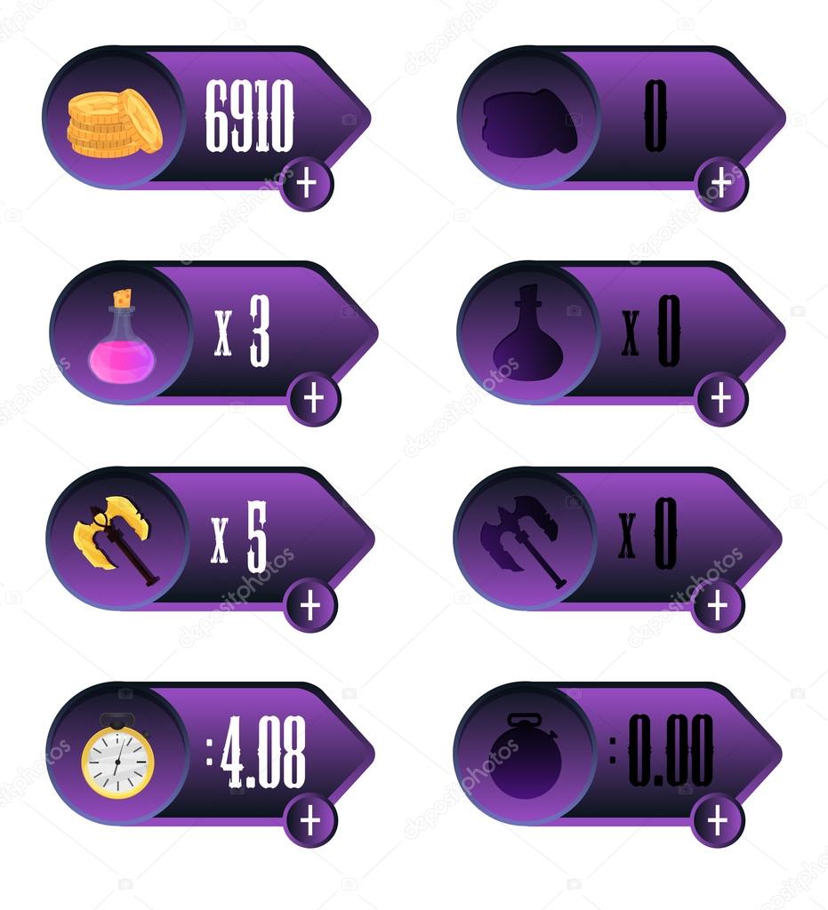 Game UI. Icons with a choice of various parameters of time, money, weapons and elixir design for mobile and browser-based online applications and games. 