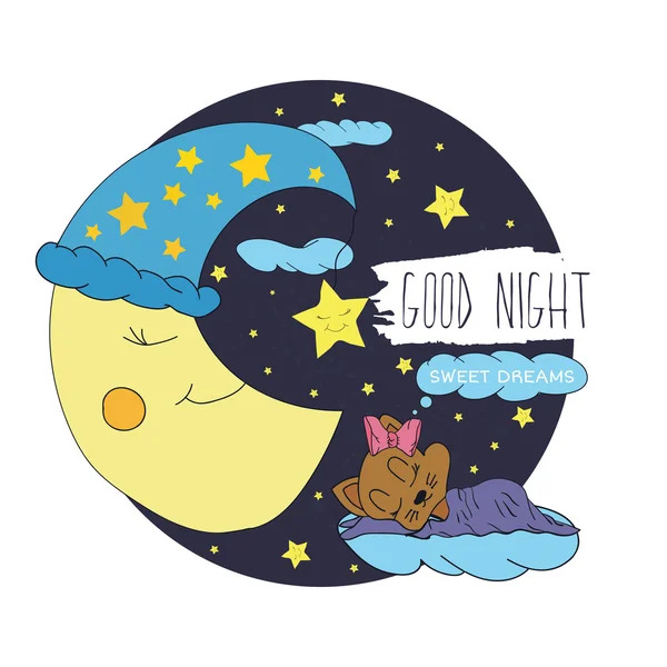 Illustrazione cartone animato di disegno a mano di una luna sorridente, le stelle e bambini addormentati augurando buona notte e dolci sogni nel cielo stellato. Cartolina vettoriale — Vettoriale Stock