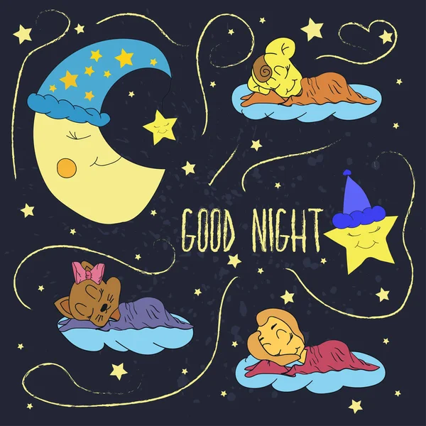 Ilustrasi kartun gambar tangan dari bulan yang tersenyum, bintang-bintang dan bayi yang sedang tidur mengucapkan selamat malam di langit yang berbintang. Vektor - Stok Vektor