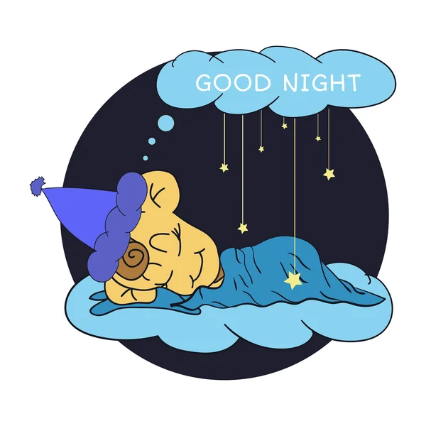 Карикатура на рисунке руки спящего младенца, пожелавшего спокойной ночи в звездном небе. Векторная иллюстрация — стоковый вектор