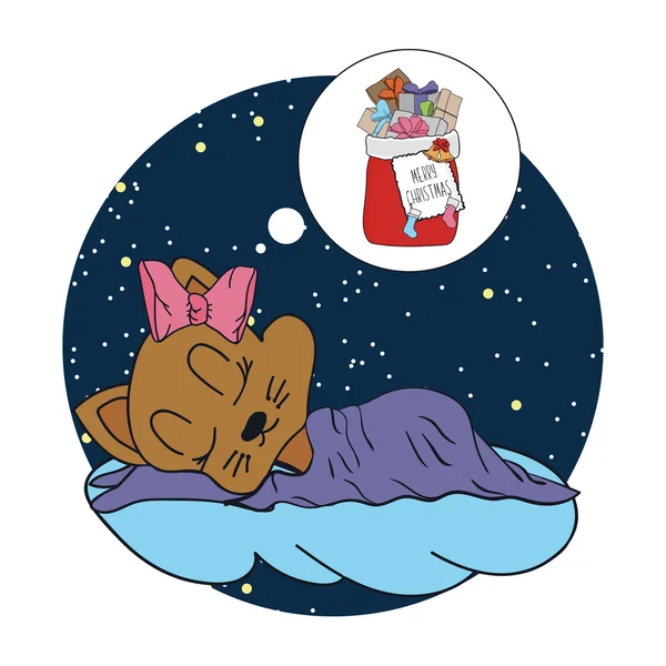 Dibujos animados ilustración de dibujo a mano bebé dormido que desea de Santas gran saco de regalos. Vector — Archivo Imágenes Vectoriales