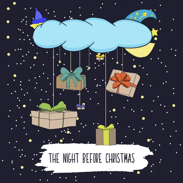 Illustrazione cartone animato di disegno a mano di una luna sorridente, le stelle e un sacco di regali di Natale. Una notte magica prima di Natale. Vettore — Vettoriale Stock