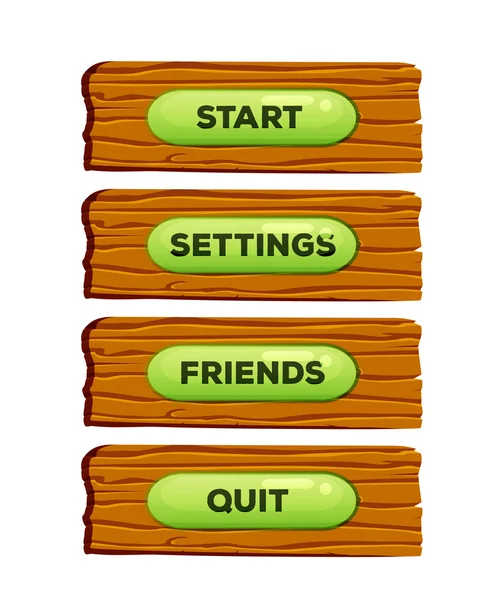 Panel kartun kayu untuk permainan online UI dan aplikasi browser dengan tombol menu. Ilustrasi vektor untuk desain permainan . - Stok Vektor