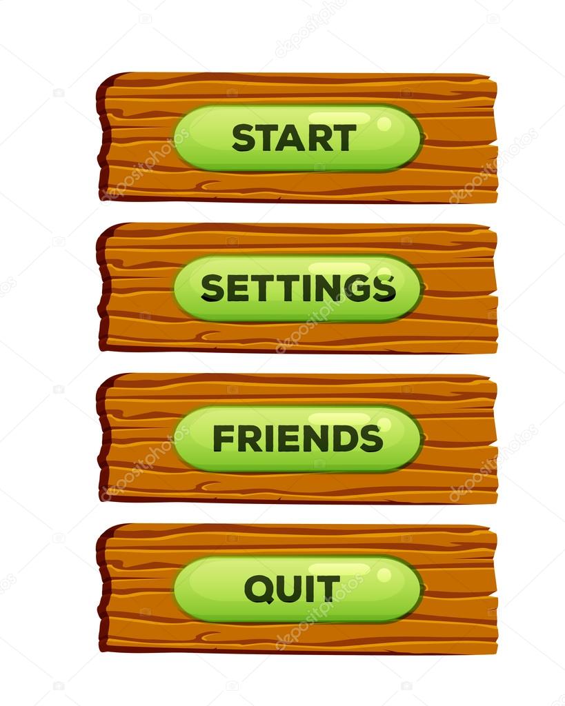 Wooden cartoon panels for online game UI and browser applications with menu buttons. Vector  illustration for game design.
