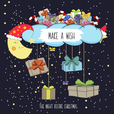 Cute cartoon illustration the eve of merry Christmas with gifts. Make a wish on Christmas night. Vector
