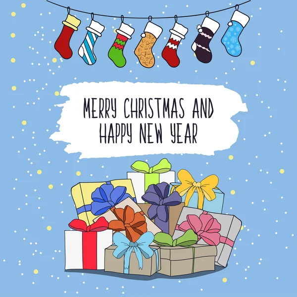 Carino cartone animato illustrazione sul tema del buon Natale e felice anno nuovo con regali e sorprese e una ghirlanda di calze colorate di Natale. Vettore — Vettoriale Stock