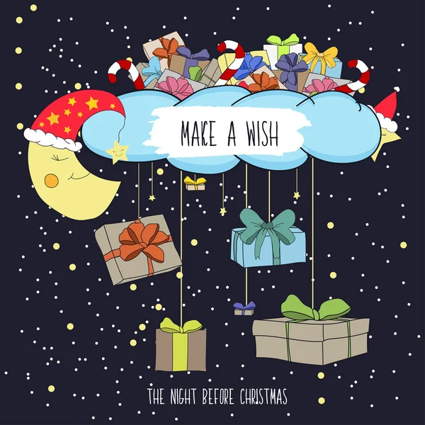 Cute cartoon illustration the eve of merry Christmas with gifts. Make a wish on Christmas night. Vector — Stock vektor