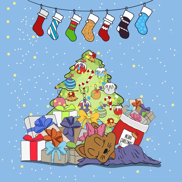 Carino cartone animato illustrazione sul tema del buon Natale e felice anno nuovo con regali e sorprese sotto l'albero dei desideri. Vettore — Vettoriale Stock